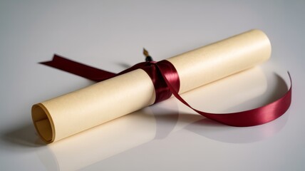 Rolled diploma scroll tied with red ribbon and seal