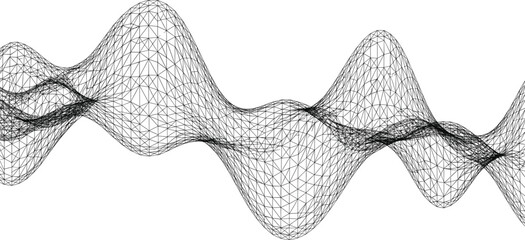 Abstract 3D wireframe mesh wave with complex geometric triangular grid lines in technical black and white line art vector. © Lunavera art