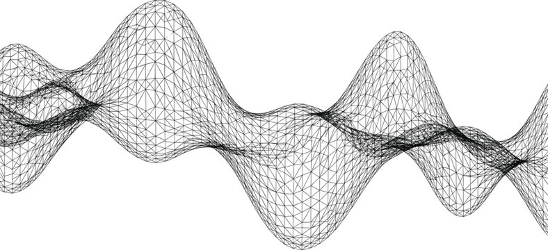 Abstract 3D wireframe mesh wave with complex geometric triangular grid lines in technical black and white line art vector.