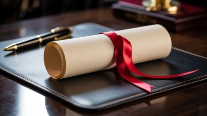 Rolled diploma with red ribbon on leather desk pad, pen