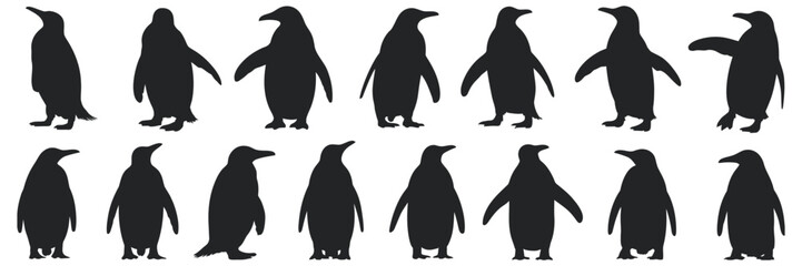 Comprehensive set of black penguin silhouettes in various dynamic poses, great for design and educational purposes