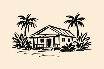Tropical house with palm trees ink sketch vector illustration