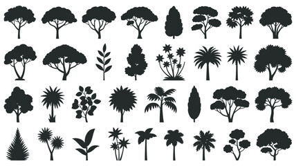 Collection of black tree silhouettes on white background, graphic design elements