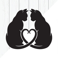 Cat Couple Silhouette with Heart Tail Love Illustration