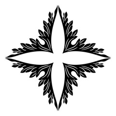 Decorative cross shape element with vintage floral motifs. Square geometrical design with stylized leaves. Black and white silhouette.
