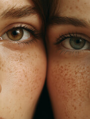 Close-up of two women's faces with freckles and different eye colors