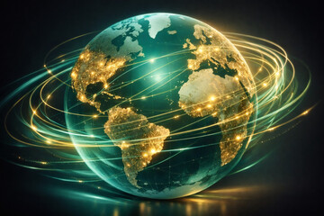 Futuristic Earth visualization with illuminated global network lines, international data exchange, digital transformation, and worldwide technology infrastructure concept