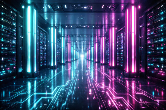 High tech server room with illuminated data pathways, digital network infrastructure, artificial intelligence processing, and advanced information technology environment - Powered by Adobe