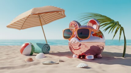 Piggy bank wearing sunglasses relaxing on a sunny beach vacation