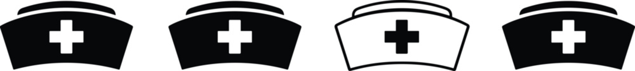 Obraz premium Solid and Outline Vector Icon Set Featuring Traditional Nurse Caps with Medical Crosses for Clinical Healthcare Professionals
