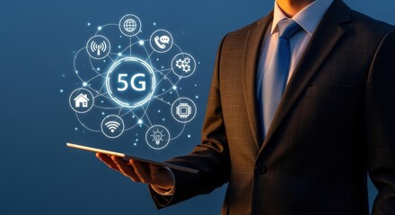 Businessman holding tablet displaying 5G network technology, connecting global business and communication innovations