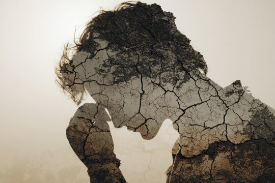 Double exposure of a person and cracked earth, burnout and emotional exhaustion theme