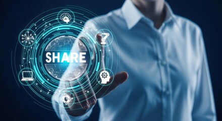 Digital Sharing Concept with Woman Touching Holographic Interface Displaying Data and Communication Icons