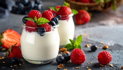 Delicious fresh yogurt with strawberries and raspberries served in a glass as a healthy sweet breakfast dessert with red berries and white cream