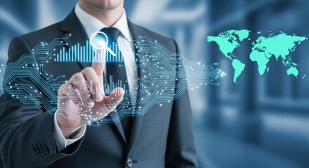 Business Intelligence Analyst Interacting with a Digital Interface Displaying Data Analytics and a World Map