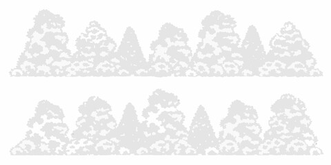 A simple grayscale illustration depicting rows of stylized coniferous trees © Jugal