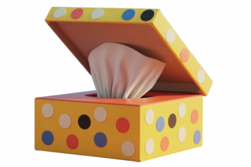 Brightly colored polka dot tissue box dispenser revealing soft white facial tissue on transparent background