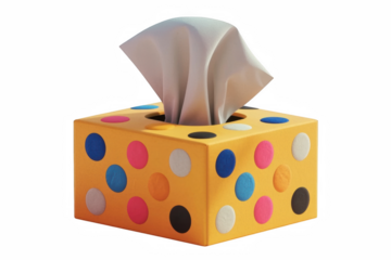 Bright yellow polka dot tissue box dispenser with white paper towels sticking out on transparent background
