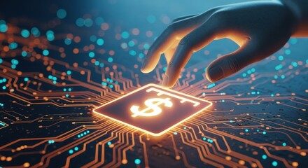 Digital Currency Technology: Hand Touching Glowing Dollar Symbol on Circuit Board, Representing Modern Finance