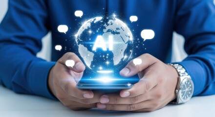 Artificial Intelligence Integration: Man Holding Phone Displaying AI Over Globe with Connection Points