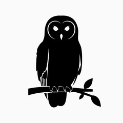Obraz premium Black Owl Silhouette Perched on Tree Branch with Leaves Icon