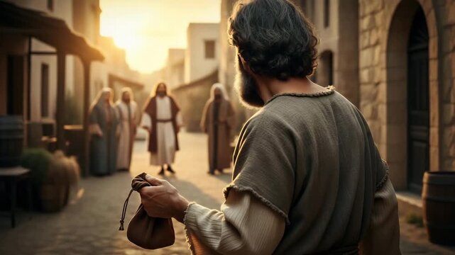 Conflicted merchant's glance, a Hebrew man Aaron, walking away down a Galilean street with a complex expression of awe and fear, his hand holding a pouch of coins. Religious betrayal or temptation.