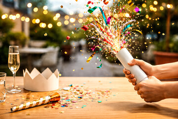 Hands holding exploding party popper with colorful confetti and streamers over wooden table with champagne