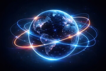 Obraz premium Global Digital Connectivity Concept. Conceptual image illustrating global digital networks and worldwide connectivity in a modern abstract style.