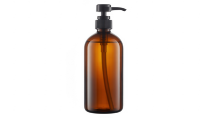 Amber glass pump bottle with black pump dispenser full isolated on a transparent background