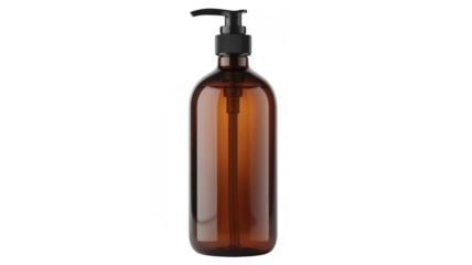 Amber glass pump bottle with black pump dispenser amber glass bottle isolated on a transparent background
