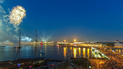 Fireworks timelapse over the city of St. Petersburg Russia on the feast of Scarlet Sails, view from rooftop.