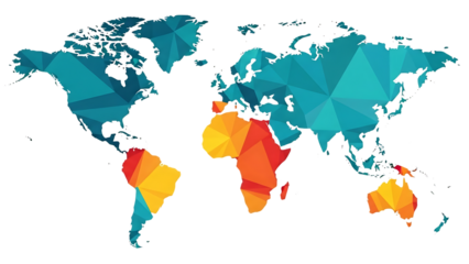 A vibrant multicolored world map on a black background showcasing continents in blue orange and red hues symbolizing global diversity and geography