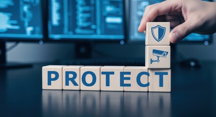 Cybersecurity Concept: Wooden Blocks Spelling PROTECT with Security Icons for Data Privacy and Protection
