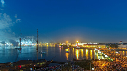 Fireworks timelapse over the city of St. Petersburg Russia on the feast of Scarlet Sails, view from rooftop.