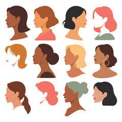 Collection of diverse female silhouettes showcases variety of hairstyles and skin tones promoting inclusivity and celebrating beauty in diversity and portrait set