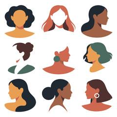 Collection of Nine Diverse Female Portraits in Abstract Style Representing Femininity Beauty and Diversity Isolated on White Background Vector Illustration