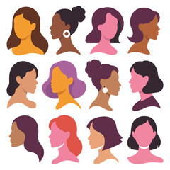 Diverse women profiles set vector illustration showcasing variety of female hairstyles skin tones inclusivity and female empowerment for social media design