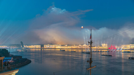 Fireworks timelapse over the city of St. Petersburg Russia on the feast of Scarlet Sails, view from rooftop.