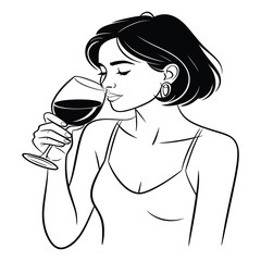 Elegant Woman Smelling Red Wine in Black and White Style Showcasing Wine Tasting Experience and Sophistication with Graceful Feminine Pose
