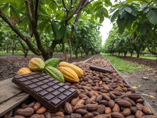 Dark chocolate bar cocoa bean cacao pod farm harvest rustic natural aroma rich flavor