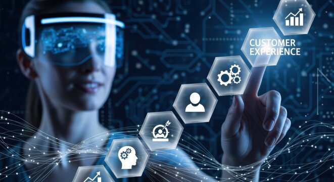 Woman uses futuristic augmented reality interface to navigate customer experience strategies and improve satisfaction rates - Powered by Adobe