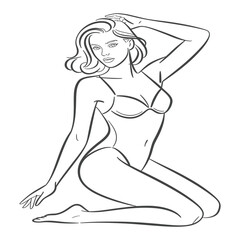 Outlined Woman in Lingerie Posing with Hand in Hair Sitting Down on White Background in a Fashion Illustration Style