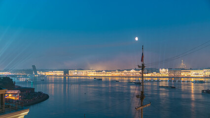 Fireworks timelapse over the city of St. Petersburg Russia on the feast of Scarlet Sails, view from rooftop.
