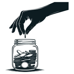 Saving money concept with hand putting coin into glass jar filled with coins illustrating accumulation and financial planning for future