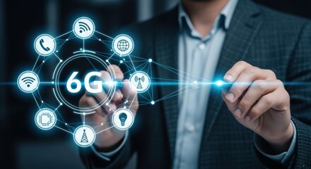 6G Technology Concept: Businessman Interacting with Digital Network Interface for Future Wireless Communication and Connectivity