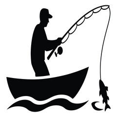 Silhouette of man fishing from boat with fish caught on line with curved fishing pole under sunny sky hobby recreation outdoors