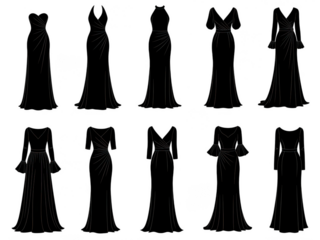 Ten fashion illustrations of draped dresses isolated on transparent background