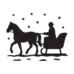 Charming black silhouette graphic capturing the timeless joy of a festive winter sleigh ride, featuring a horse pulling a driver through a snowy landscape
