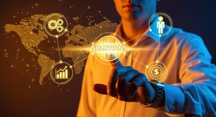 Innovative Solutions Concept: Man Interacting with Digital Interface for Business Growth and Success