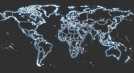 World Map Outline on Dark Background - Global Connectivity and International Networking Concept